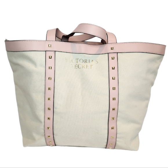 VICTORIA'S SECRET NWT CANVAS TOTE  pink trim and handles with gold tone … - Picture 2 of 8